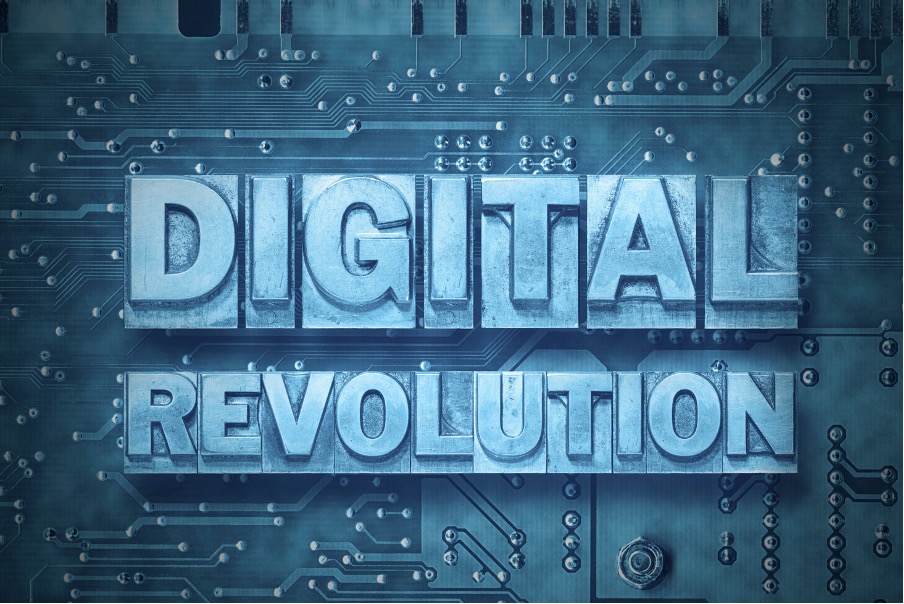An image with a blue background of a computer digital board with the words , digital revolution. 